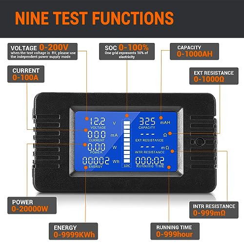 MNJ MOTOR DC 9 in 1 Battery Monitor Meter with Shunt, 0-200V 0-100A LCD Display Digital Current Voltage Power Energy Meter, Easy Installation Multimeter Voltmeter Ammeter for Cars RV Solar System