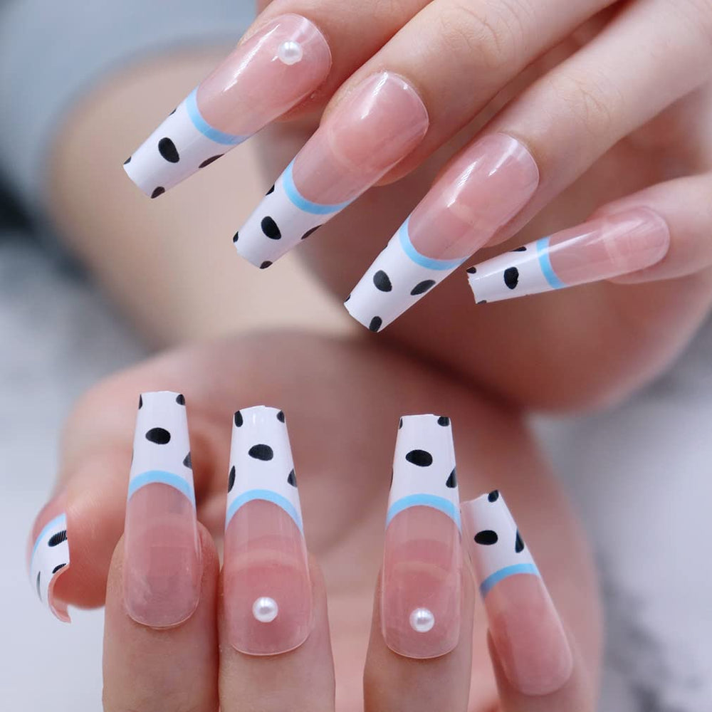 Coffin Fake Nails, 24Pcs Long Nude False Nails Cow Press on Nails Pearl Acrylic Nail Art Tips for Women and Girls