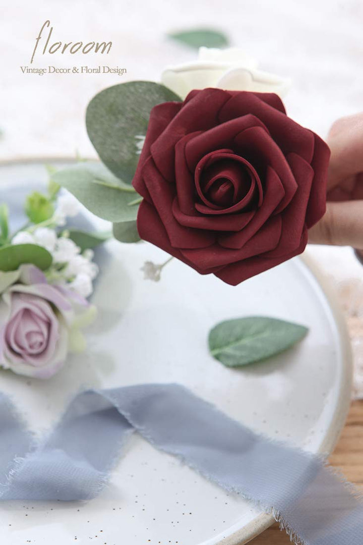 Artificial Flowers 25pcs Real Looking Burgundy Foam Fake Roses with Stems for DIY Wedding Bouquets Red Bridal Shower Centerpieces Party Decorations