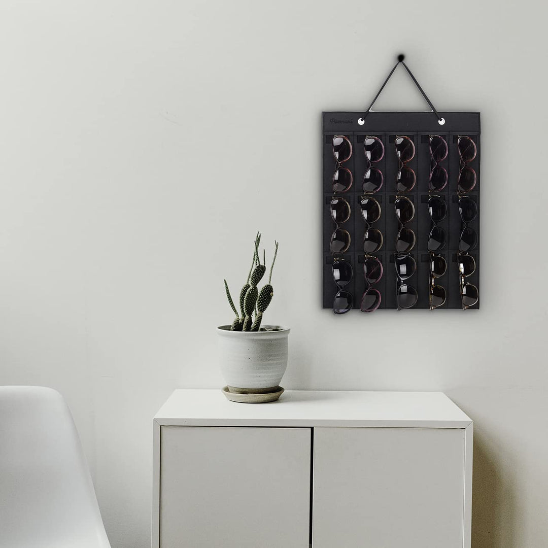 PACMAXI Sunglasses Storage Organizer, Wall Pocket Mounted by Sunglasses, Hanging Eyeglasses Storage Holder, Eyewear Display. (brown + black, 15 Slot)
