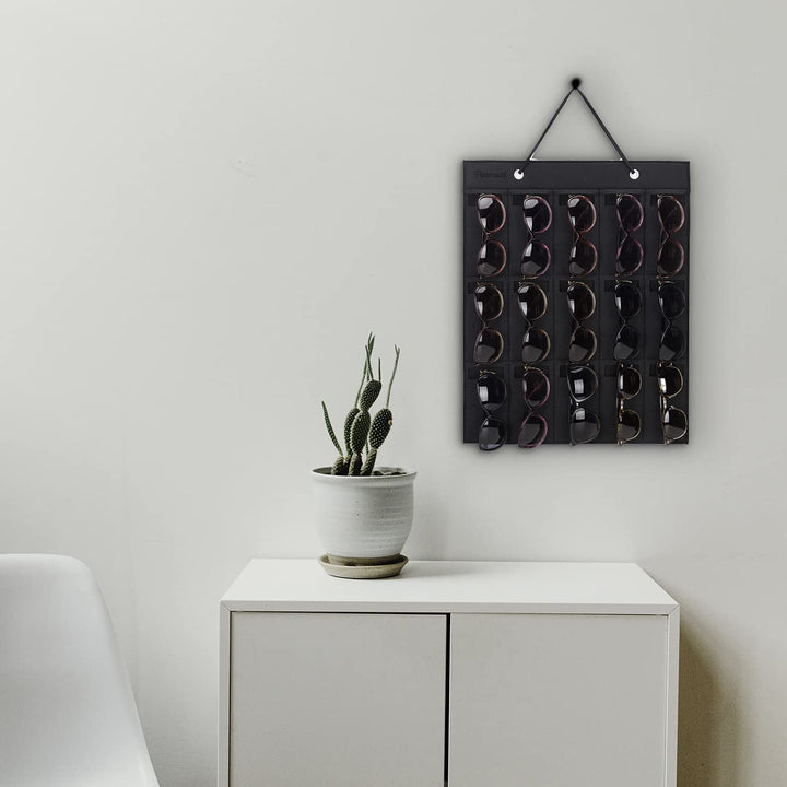 PACMAXI Sunglasses Storage Organizer, Wall Pocket Mounted by Sunglasses, Hanging Eyeglasses Storage Holder, Eyewear Display. (brown + black, 15 Slot)