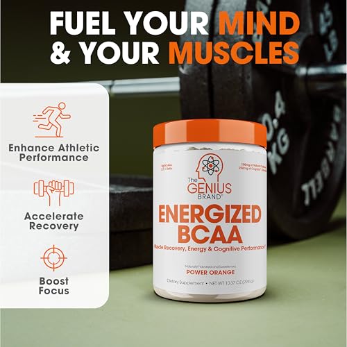 Genius BCAA Powder - 5g Vegan BCAAs L-Glutamine, Cognizin &amp; Rhodiola Muscle Recovery Energy Support 100mg Caffeine Pre, Intra, Post-Workout Nootropic Supplement for Focus &amp; Performance - Orange