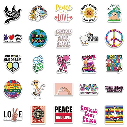 Love World Peace Stickers |50 Pcs Peace Love Waterproof Vinyl Decals for Water Bottles Laptop Luggage Cup Computer Mobile Phone Skateboard Guitar Helmet Snowboard Décor