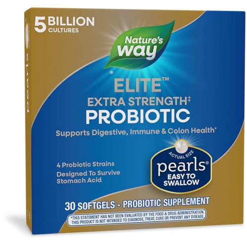 Nature&#39;s Way Elite Extra Strength Probiotic Pearls for Men and Women, Supports Digestive, Immune, Colon Health*, 5 Billion Live Cultures, No Refrigeration Required, 30 Softgels (Packaging May Vary)