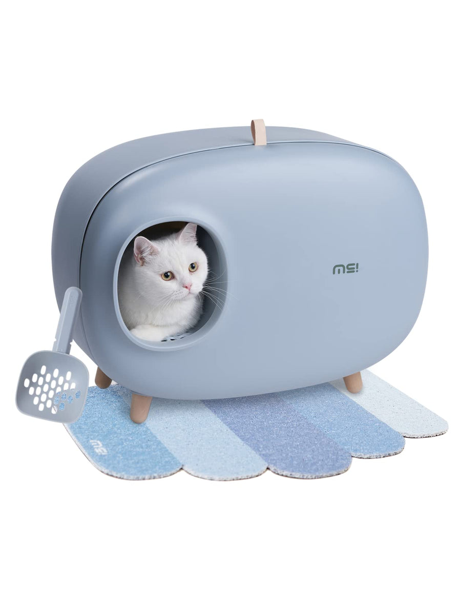Cat Litter Box with Lid, Scoop (with Litter Mat), Enclosed Design, Large Prevent Sand Leakage and Isolate Odors, Easy to Clean, - Gray Blue