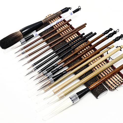 18Pcs Chinese Calligraphy Brushes Set with Writing Paper Roll-up Brush Holder Shanlian Hubi Writing Brush Kanji Japanese Sumi Drawing Brushes for Watercolor Art Ceramic Ink Writing Painting