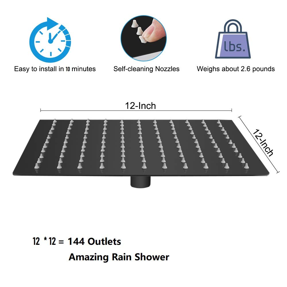 Rain Shower Head With Extension Arm, Square Shower Heads, Large Stainless Steel Rainfall Showerhead-Waterfall Full Body Coverage (12 Inch Shower Head With 15 Inch Shower Arm, Matte Black)