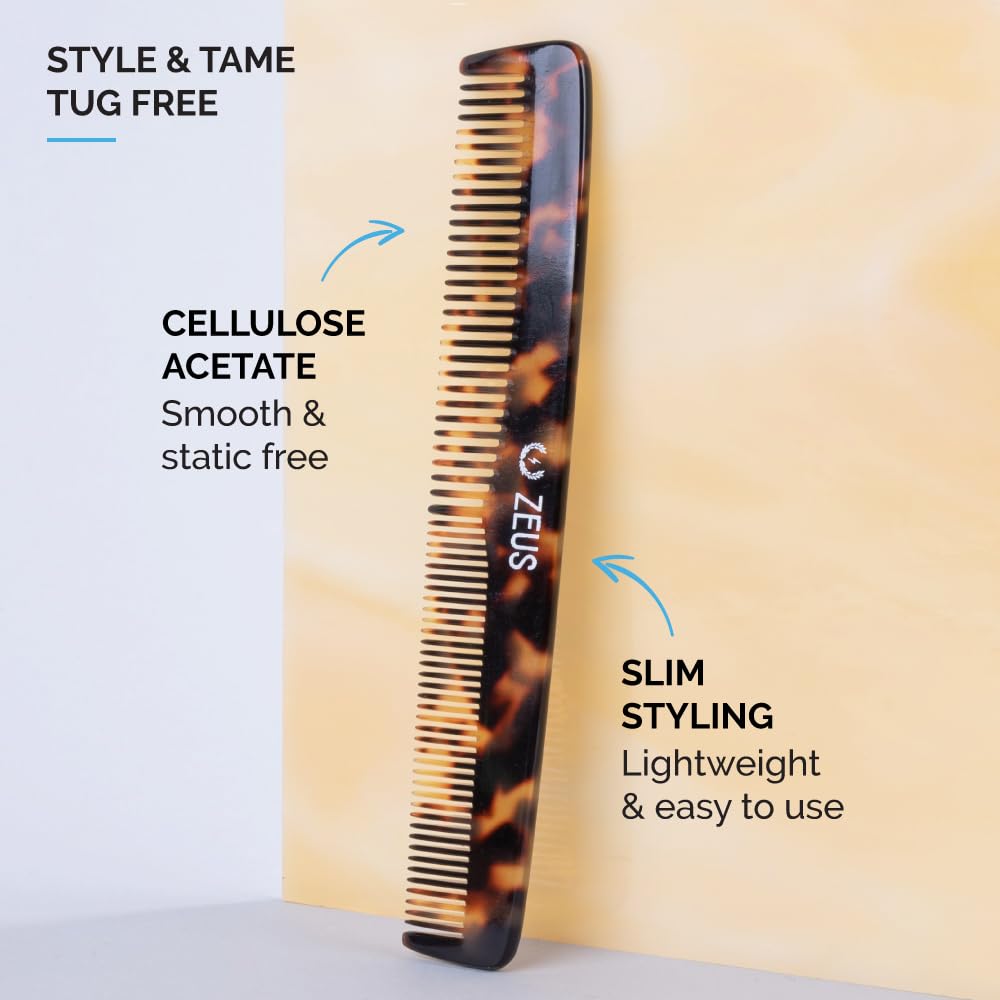 Zeus Handmade Saw-Cut Beard Comb - 6” x 1” - Premium, Static-Free Comb for Beards and Mustaches with Medium and Fine Tooth Sides