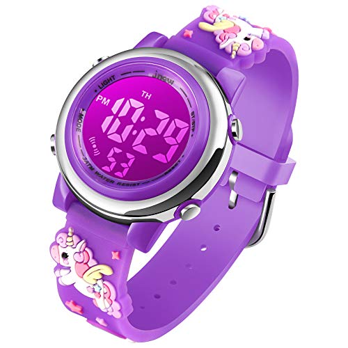 Girls Digital Watch Age 3-12 for Gifts, 3D Cartoon Waterproof Sports Outdoor LED Electrical Watches with Luminous Alarm Stopwatch Toddler Wristwatch for 3-12 Year Old Little Child Purple Unicorn