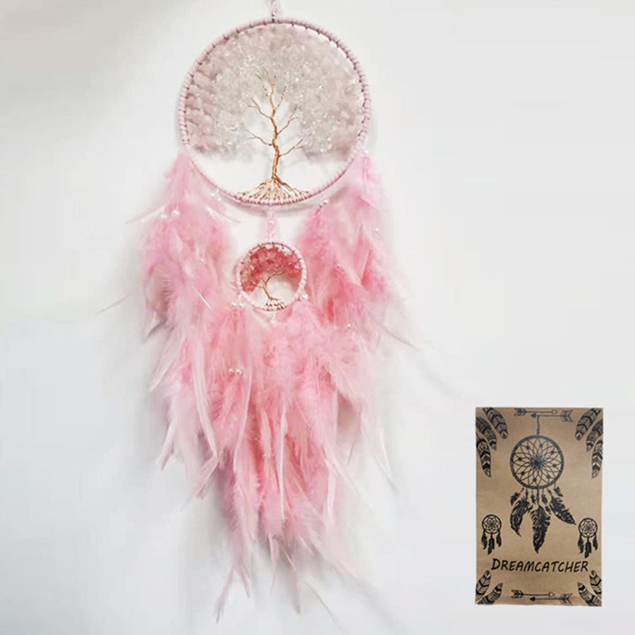 Dream Catcher, Handmade Dreamcatcher with Healing Crystal Stone, Tree of Life Dream Catchers Hanging Ornament for Home Bedroom Birthday Party, Perfect Craft Gift for Kids (Double Pink)