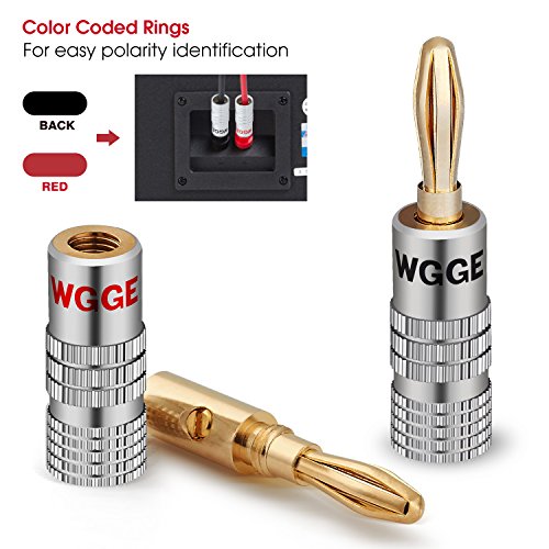 WG-009 Banana Plugs Audio Jack Connector 5 Pairs / 10 pcs, 24k Gold Dual Screw Lock Speaker Connector for Speaker Wire, Wall Plate, Home Theater, Audio/Video Receiver and Sound Systems