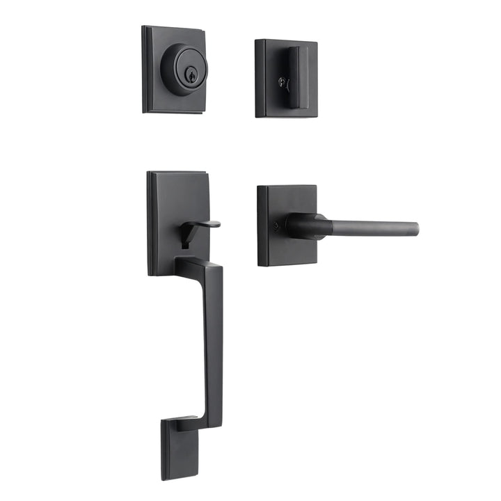 Front Door Lock Set Black Door Handle Front Door Handle Sets with Deadbolt Entry Door Locksets Single Cylinder HandleSet with Straight Handle Lower Half Grip Matte Black Front Door Handle