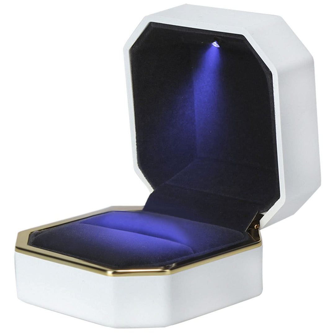 Luxury Ring Box, Square Velvet Wedding Ring Case Jewelry Gift Box with LED Light for Proposal Engagement Wedding, White