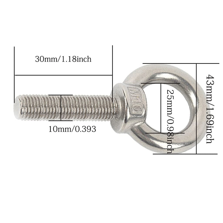 Stainless Steel Eye Bolts, 4 Pack M10 Shoulder Eye Bolt 1.2 Heavy Duty EyeBolts Screws in Eye Hooks with Washer and Nuts for Lifting Ring Eyebolt Thread Length 30mm