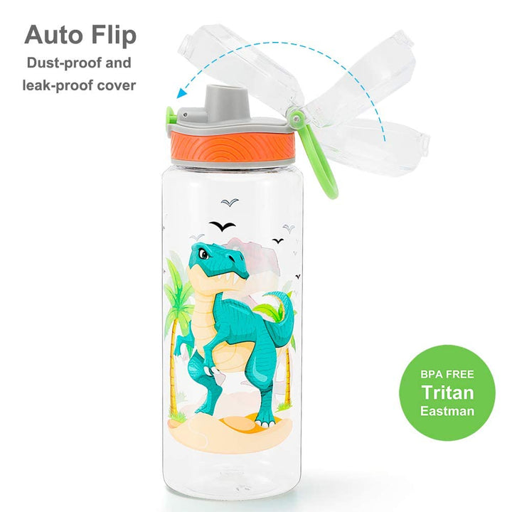 Cute Water Bottle for School Kids Boys, BPA FREE Tritan &amp; Leak Proof Flip Top Lid &amp; Easy Clean &amp; Carry Handle, 23oz/ 680ml - Dinosaur