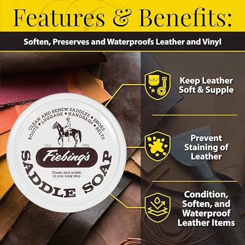 Fiebing&#39;s White Saddle Soap for Leather (12 oz Tin) - Leather Cleaner &amp; Conditioner to Soften, Protect &amp; Restore Leathercraft - Leather Soap for Car Seat, Couch, Shoe, Purse, Boot, Bag, &amp; Saddles