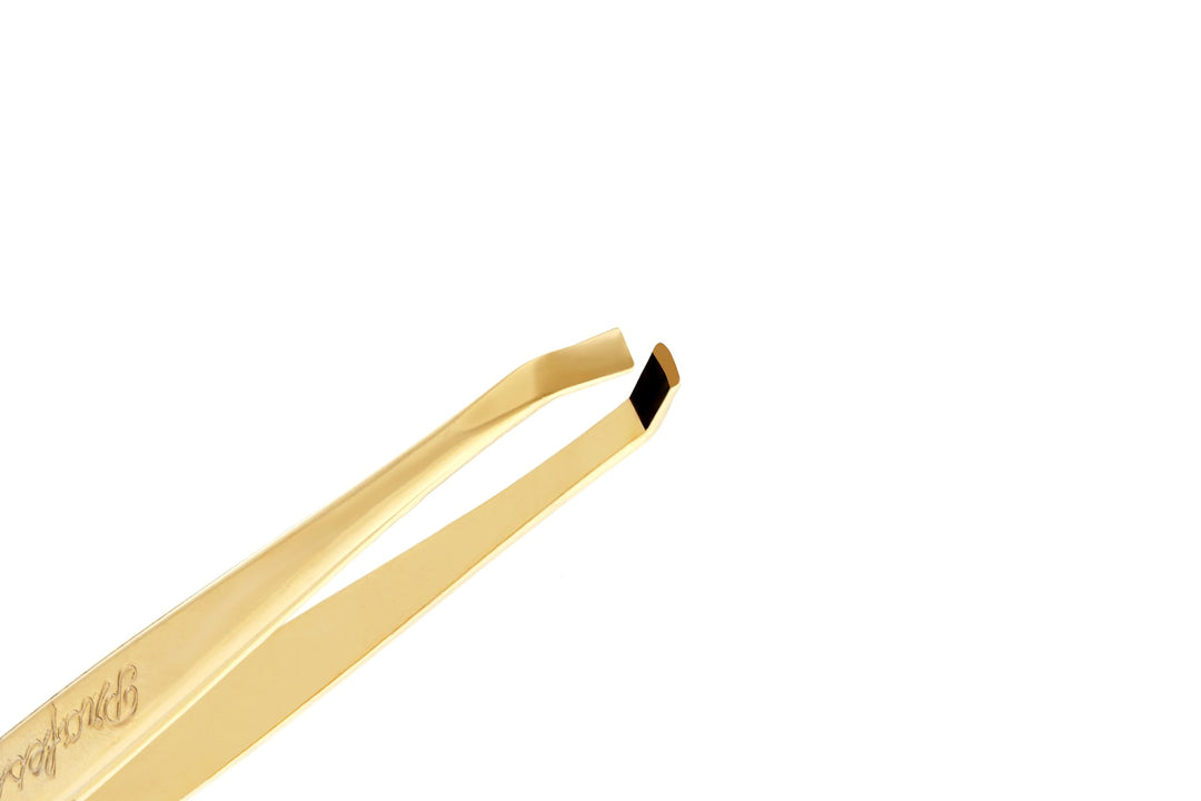 Gold: Stainless Steel Professional Slanted Tip Tweezers Best Shaped Precision Grip Made In Germany Eyebrows Eyelashes Extensions Chin Cheek Face Facial Splinter Ingrown H