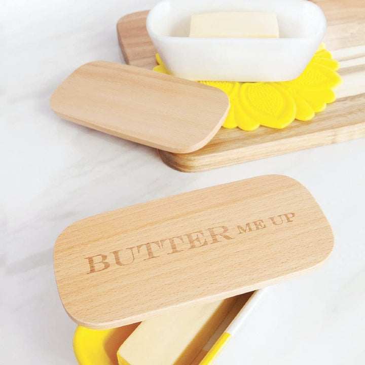 Laser Etched Vivid Beechwood &amp; Stoneware Butter Dish with Lid Butter Me Up Solid Wooden Lid Butter Holder Fun &amp; Functional Kitchen Supplies