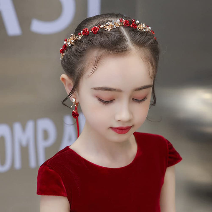 2 Pcs Red Flower Crown Headband Rhinestone Pearl Tiara Red Rose Bride Crown Crystal Red Headband Wedding Headpiece Hair Jewelry for Women