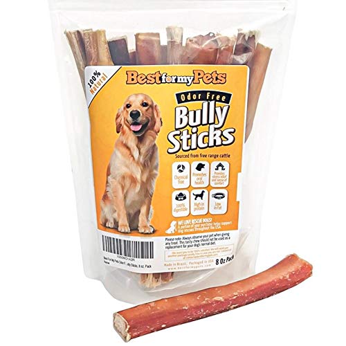 Odor Free Bully Sticks, Long-Lasting Chews to Keep Puppies and Dogs Happily Busy, All-Natural Fully Digestible, 6-Inch Long, 8-Ounce Bag