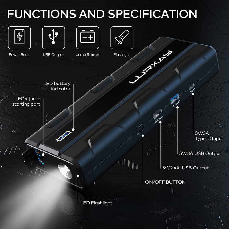 Car Jump Starter – 2000A Jump Box 20000mAh for up to 10L Gas and 5.5L Diesel Engines, 12V Car Battery Charger Jump Starter with USB/Type C Quick Charge, Portable Power Bank with LED Display and Light