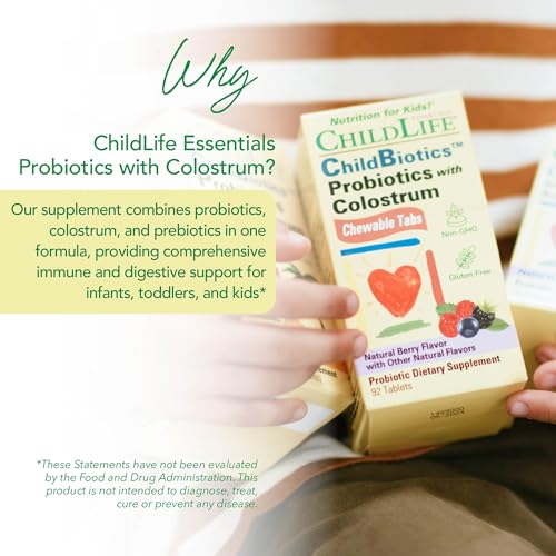 ChildBiotics with Colostrum- Probiotics for Kids, Probiotics for Digestive Health, Chewables, Children&#39;s Probiotic, Colostrum for Kids, Gluten Free - Natural Berry, 92 Tablets