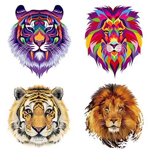 Iron On Transfer Patches for Clothing 4Pcs Colorful Lions Tiger Heat Transfers Sticker On Clothes for T-Shirt Jeans Applications