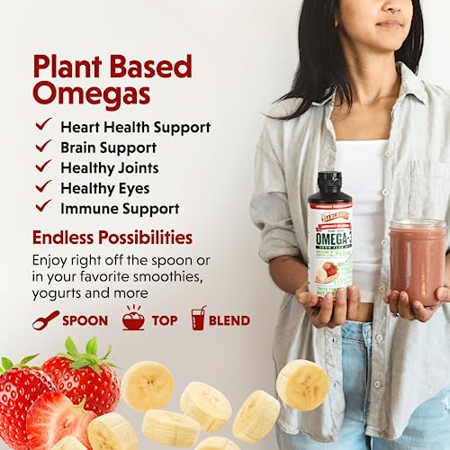 Barlean&#39;s Strawberry Banana Omega 3 Liquid Flaxseed Oil with 2,968 mg Vegan Omegas 3 6 9, Smoothie Supplements for Kids and Adults, Non-GMO and Gluten Free, 16 oz