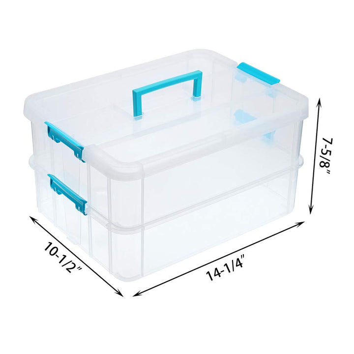2-Tiers Stack Carry Storage Box With Handle, Transparent Stackable Storage Bin With Handle Lid Latching Storage Container for School &amp; Office Supplies (Blue)