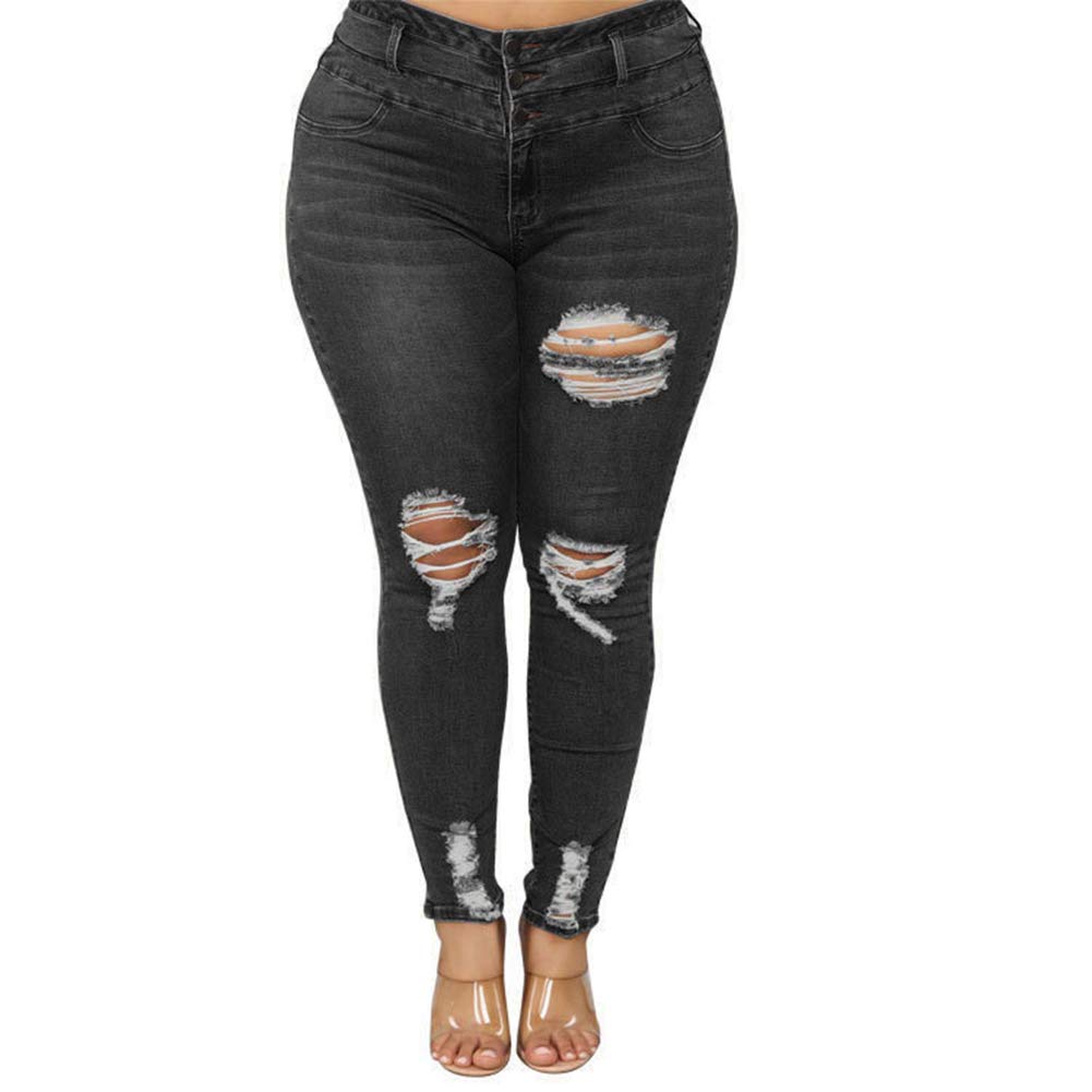 Women&#39;s Plus Size Ripped Skinny Jeans High Waist Stretch Slim Fit Distressed Denim Pants High-Rise Girlfriend Tight Jean Pants (Ripped Skinny Dark Blue, 2XL)