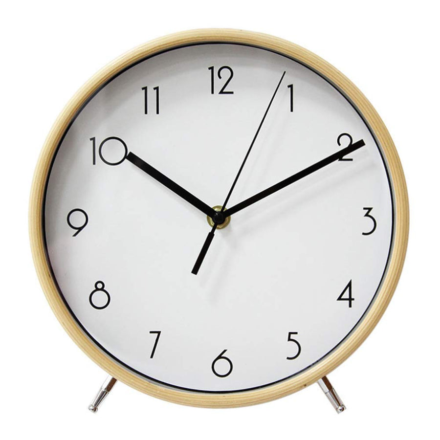 Justup 8 Inch Wood Table Clock,Non-Ticking Table Desk Clock Battery Operated with Sweep Quartz Movement HD Glass Large Numerals Decorative for Bedroom Living Room Kids Room (White)