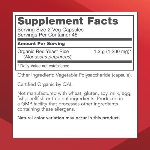 Red Yeast Rice 600 mg - Made with Organic Red Yeast Rice - Dairy Free & Egg Free - 90 Veg Capsules