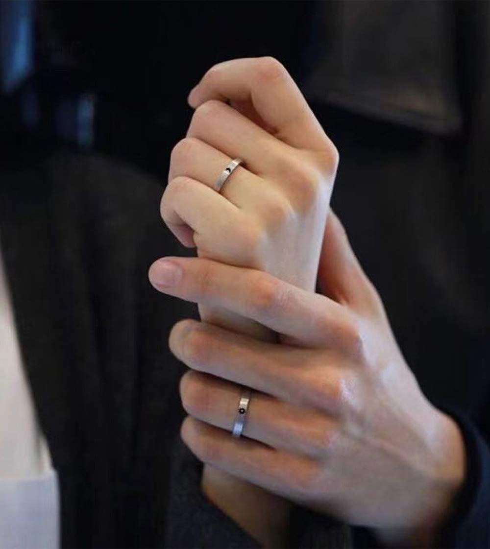 4PCS Sun and Moon Couple Promise Jewelry Set Black Hand-Woven Bracelets Couple Opening Rings for Lovers Best Friends