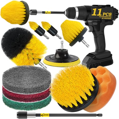 11 Piece Drill Brush Attachment Set Scouring Pads Power Scrubber Brush Scrub Pads for Bathroom Surfaces, Floor, Tub, Shower, Grout, Tile, Corners,Cleaning Brush