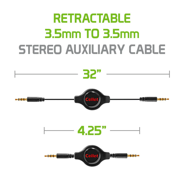 Cellet Retractable Audio Cable, 3.5 mm Male to Male Ste