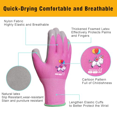 Ages 5-7 Kids Gardening Gloves,Yard Work Gloves for Toddlers, Youth, Girls, Boys, Childrens, Soft Safety Rubber Gloves (XXS Age 5-7, 1 Pair Pink Unicorn)