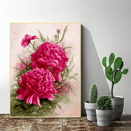 DIY Paint by Numbers Canvas Painting Kit for Adults, 16 x 20 Drawing Paintwork with 3 Paintbrushes Acrylic Paints - Red Roses Painting