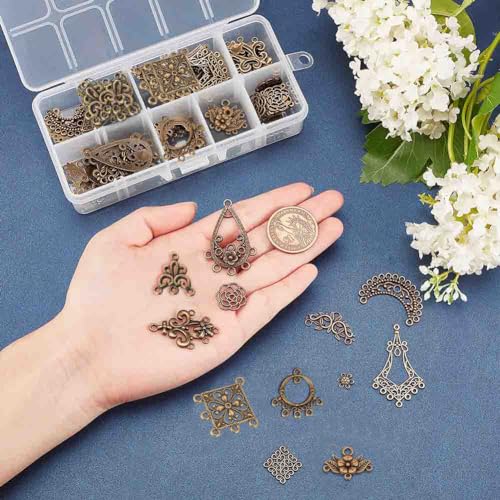 SUNNYCLUE 1 Box 72Pcs 12 Styles Filigree Connector Charms Flower Alloy Hollow Links Teardrop Square Oval Moon Shape Filigree Metal Embellishments for Crafts Supplies, Antique Bronze