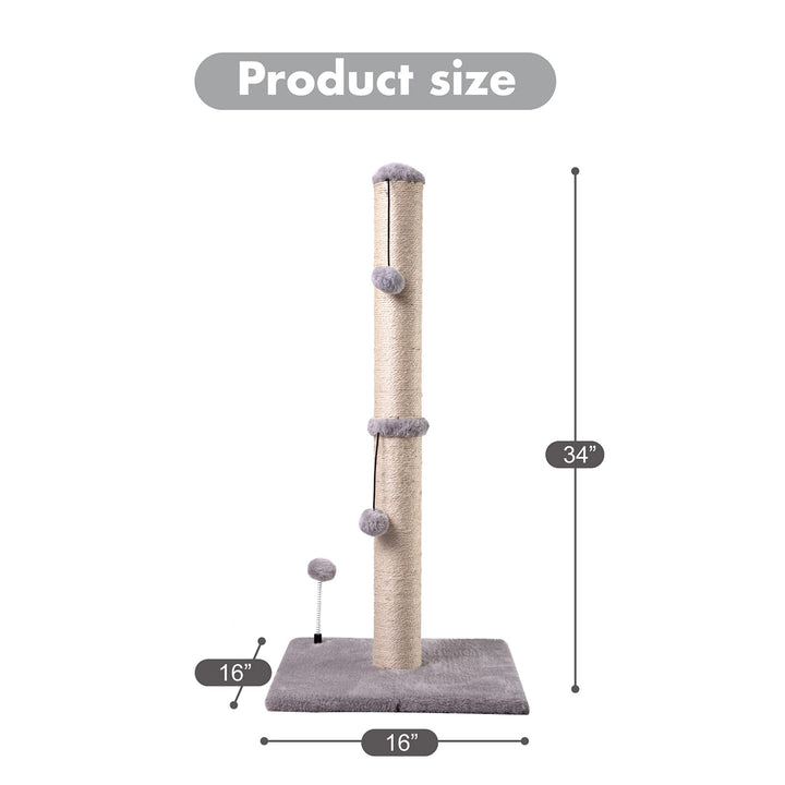 34“ Tall Cat Scratching Post Premium Basics Kitten Scratcher Sisal Scratch Posts Trees with Hanging Ball for Indoor Cats, Gray