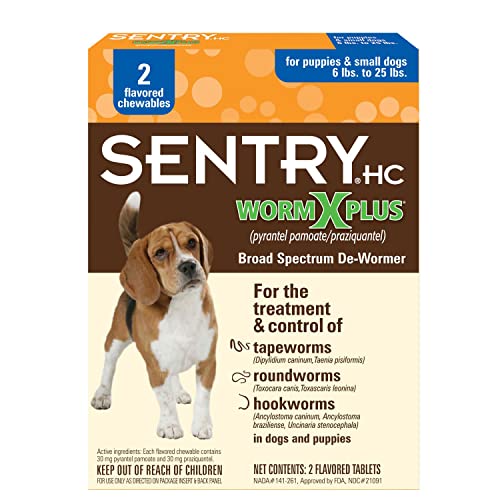 SENTRY HC Worm X Plus 7 Way De-Wormer (pyrantel pamoate/praziquantel), for Puppies and Small Dogs, 6-25 lbs, Chewable, 2 Count