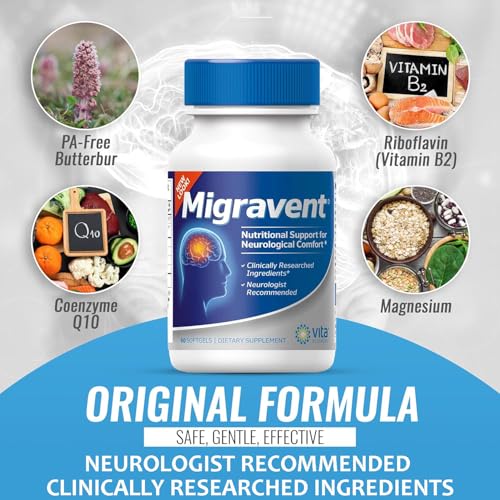 Migravent Migraine Relief Supplement w/Vitamin B2, Riboflavin, Magnesium, Coenzyme CoQ10, PA-Free Butterbur, Bioperine, Premium Herbal Extracts 60 Count