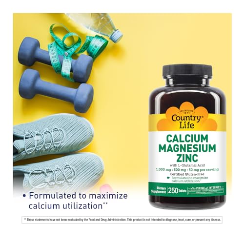Calcium Magnesium Zinc with Vitamin D3 and L-Glutamic Acid, Dietary Supplement for Bone Support, Certified Gluten Free, 1000mg/500mg/50mg, 250 Tablets