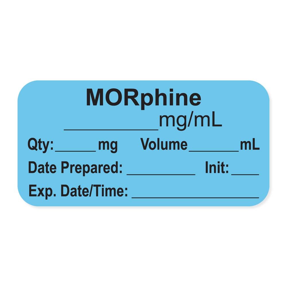 LAN-2-13 MORphine mg/mL Permanent Anesthesia Paper Label with Expiration Date Time and Initia, 1 Core, 1-1/2 x 3/4 Size, Blue, Pack of 500,