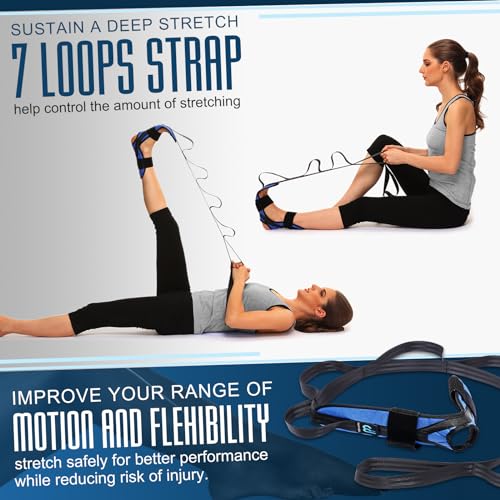 Foot and Calf Stretcher for Plantar Fasciitis, Achilles Tendonitis, Heel Spurs, Drop Foot. Yoga Stretching Strap for Leg, Thigh and Hamstring (Blue)
