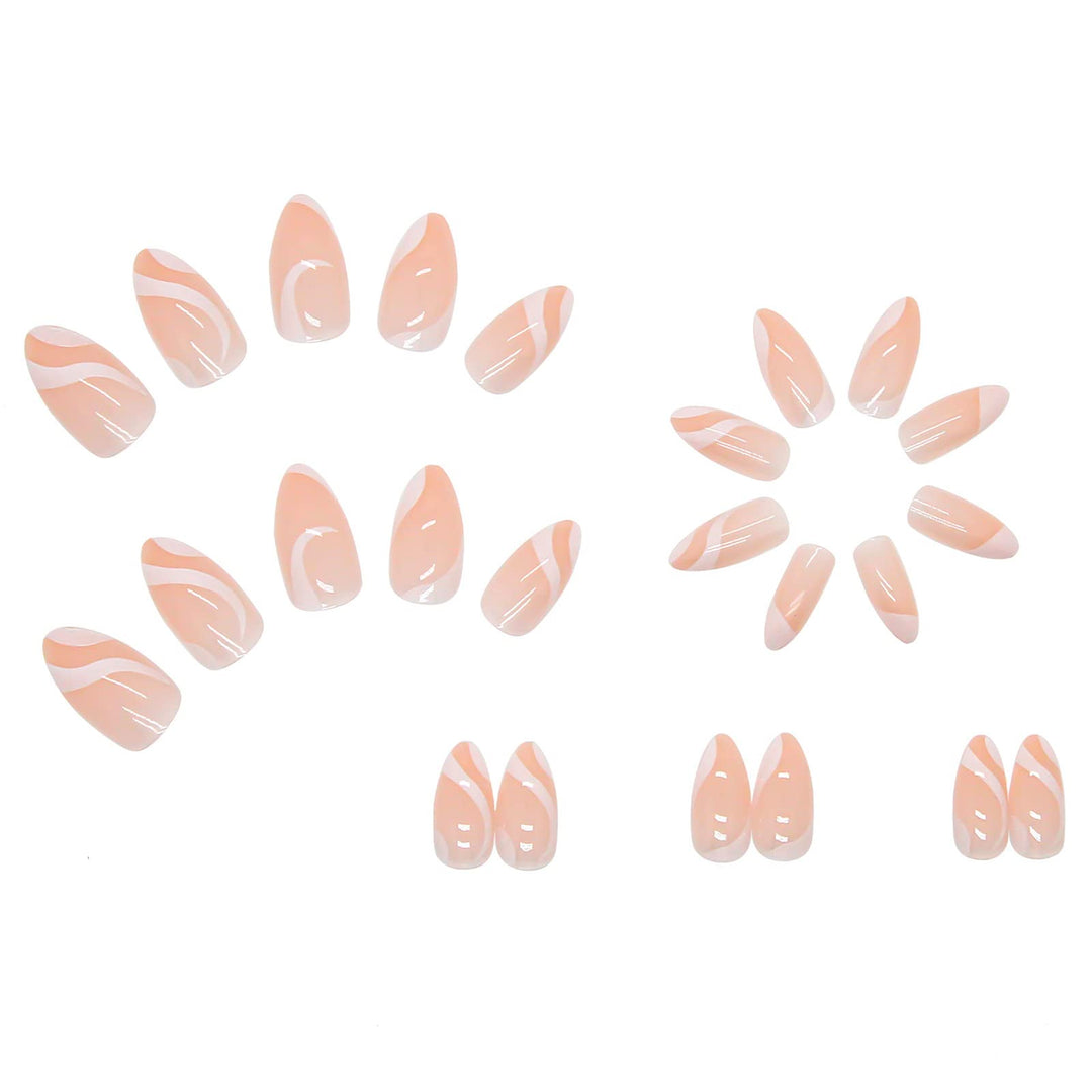 24 Pcs Press on Nails Medium, Fake Nails Almond Glue on Nails, False Nails with Glue, Acrylic Nails for Women and Girls (White Swirl)