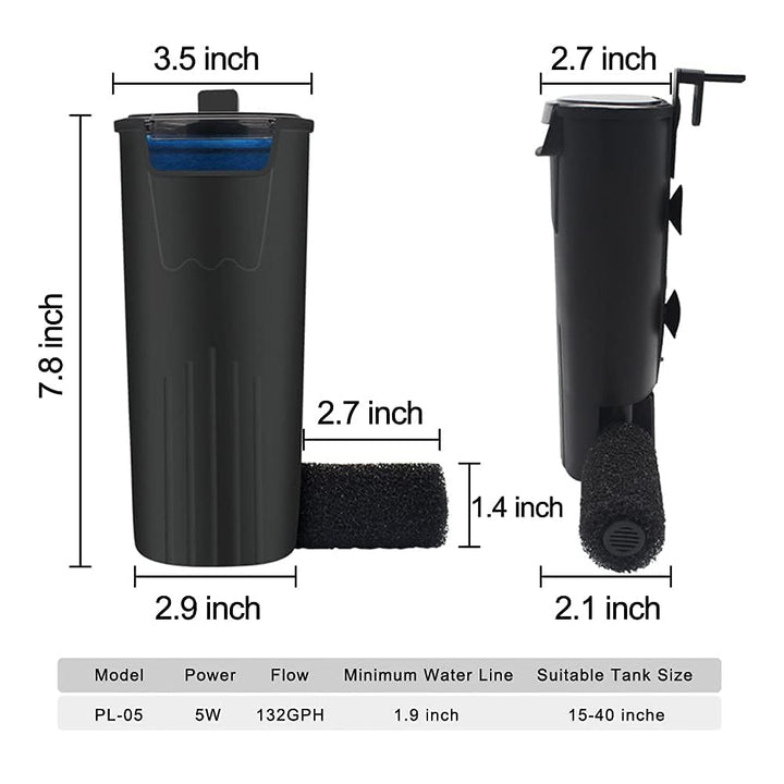 Aquarium Internal Filter 3 to 20 Gallons, for Turtle Tanks, Reptiles, Amphibians, Frog, Cichlids, Newt or Fish Tank