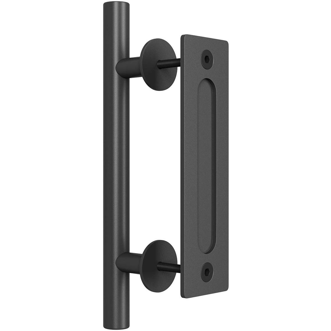 Heavy Duty 12 Pull and Flush Barn Door Handle Set, Large Rustic Two-Side Design, for Gates Garages Sheds Furniture, Solid Steel Material, Round, Black