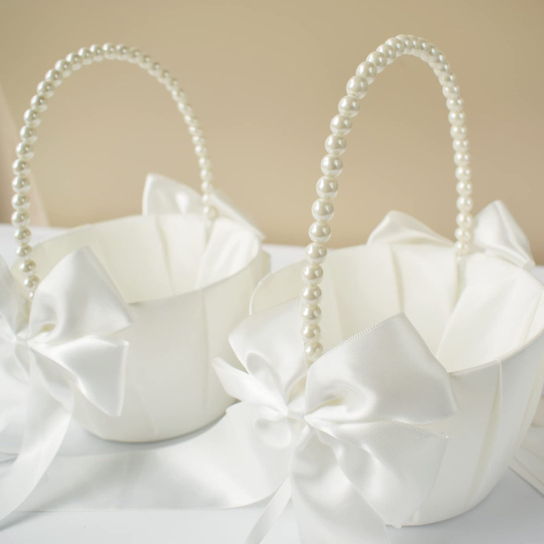 2 Pcs Wedding Flower Girl Baskets with Cute Pearl Handle Bowknot Satin Flower Baskets for Wedding Ceremony, Ivory