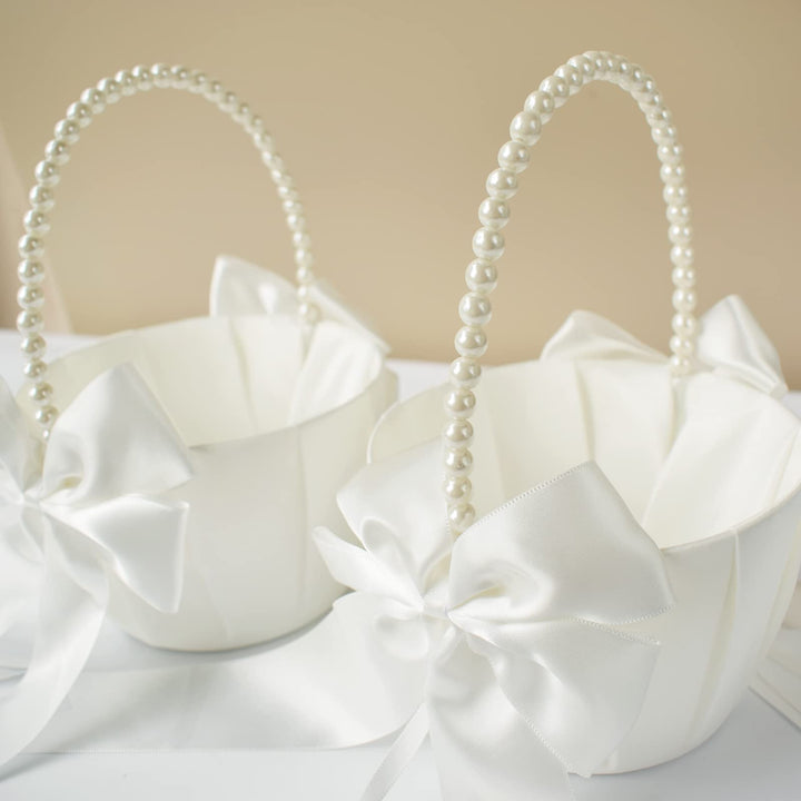 2 Pcs Wedding Flower Girl Baskets with Cute Pearl Handle Bowknot Satin Flower Baskets for Wedding Ceremony, Ivory