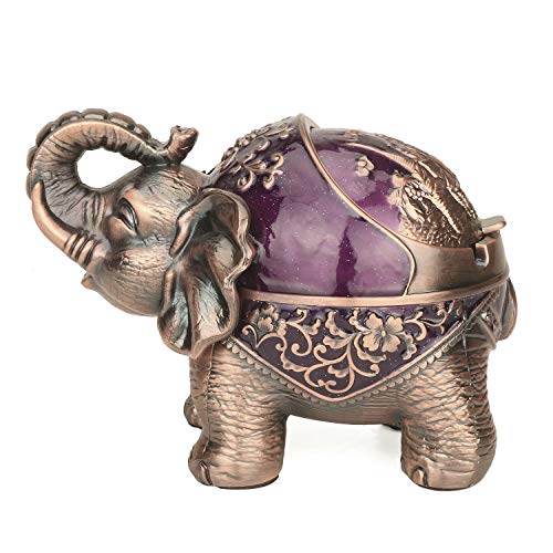 Elephant Decorative Ashtray with Lid for Cigarettes Metal Smoking Ash tray Holder for Smoker Windproof Cigarette ashtrays for Indoors Outdoors Fancy Gift for Men Women (Dark Purple)